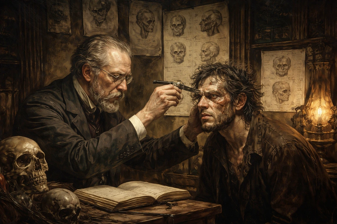 Victorian oil painting showing a criminologist analyzing facial traits of a suspect inspired by Lombroso’s theories