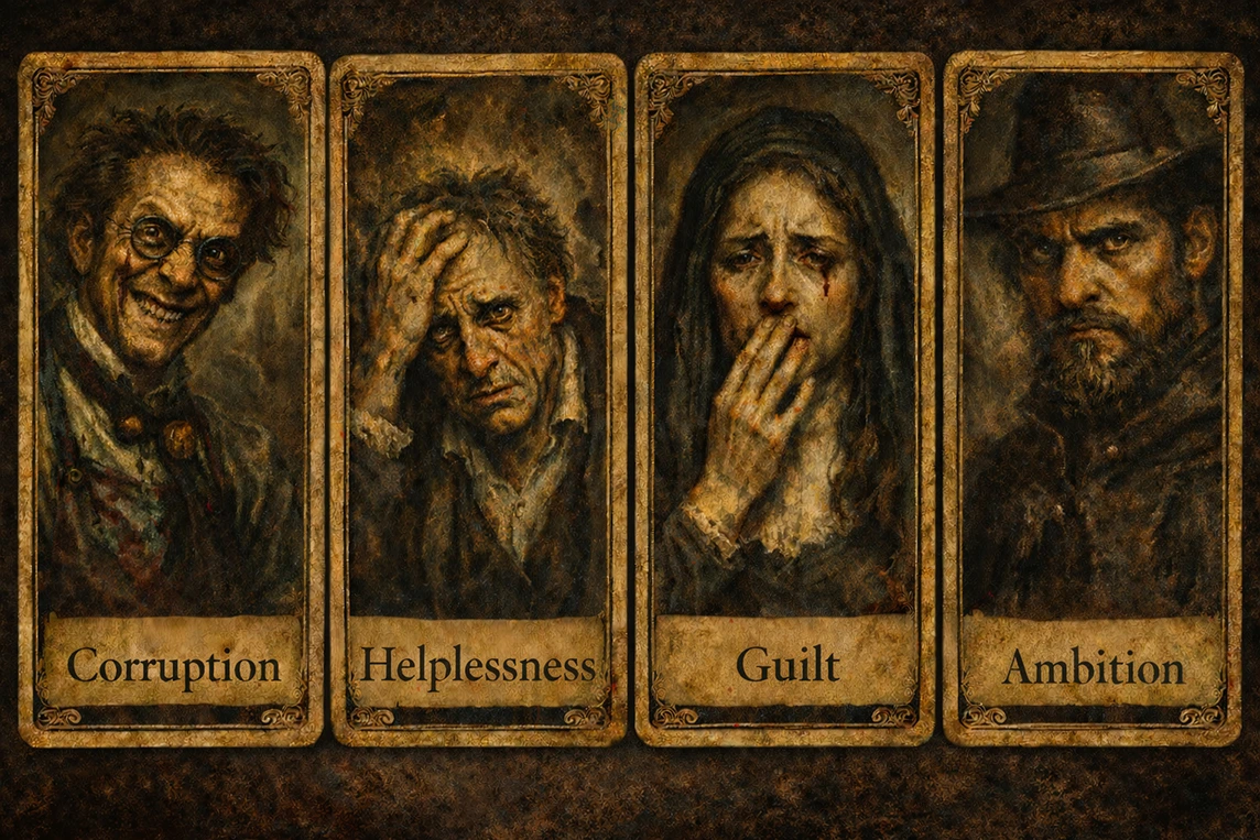 Archetypes of fear in Opus Mortis shown as Victorian cards with expressive faces symbolizing corruption, helplessness, guilt, and ambition