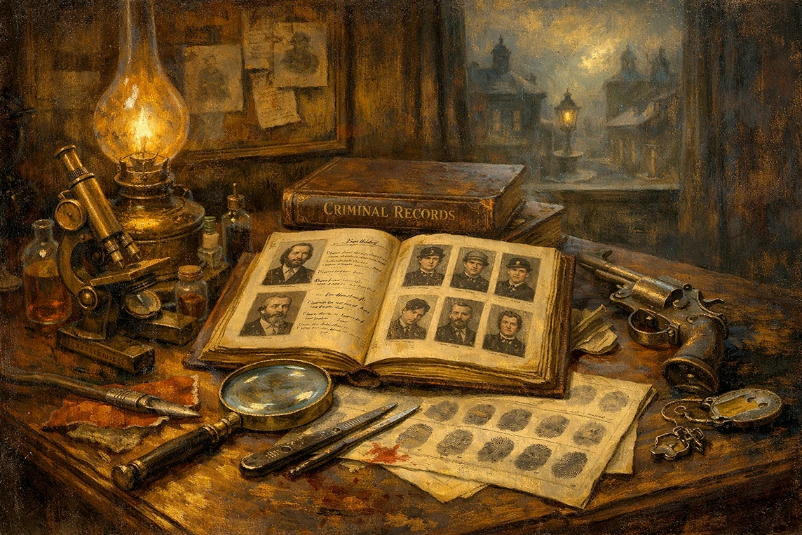 Pictorial scene of a Victorian police desk with criminal record book, magnifying glass and 19th-century forensic tools