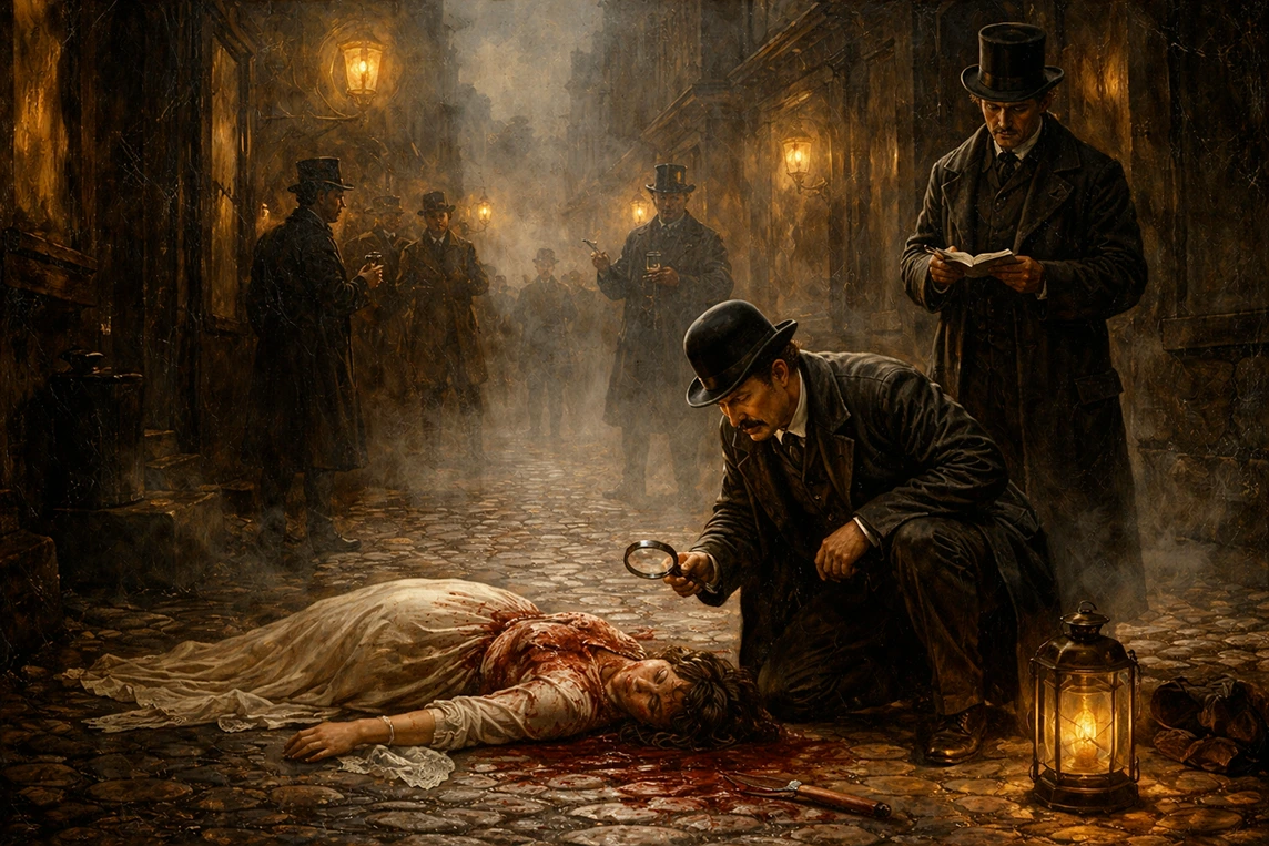 Victorian crime investigation scene showing how a crime was solved in the 19th century through observation and early forensics