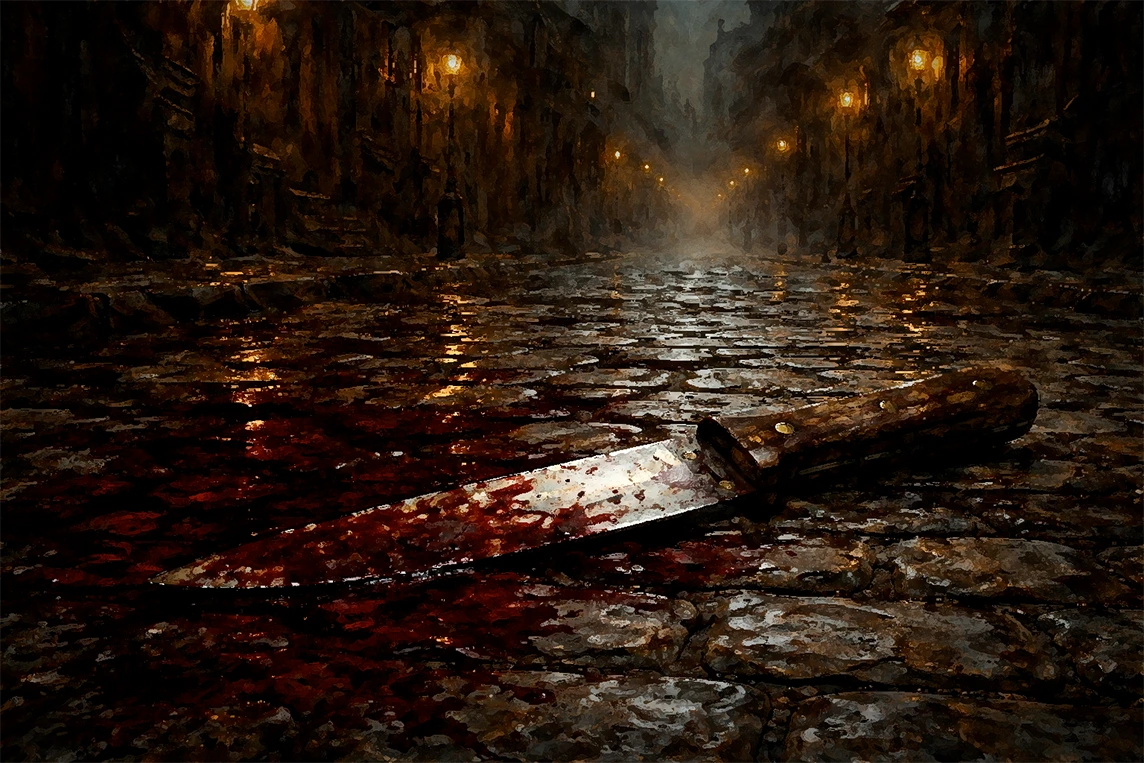 Large knife with dried blood stains lying on wet cobblestones in a dark Victorian-era street at night.