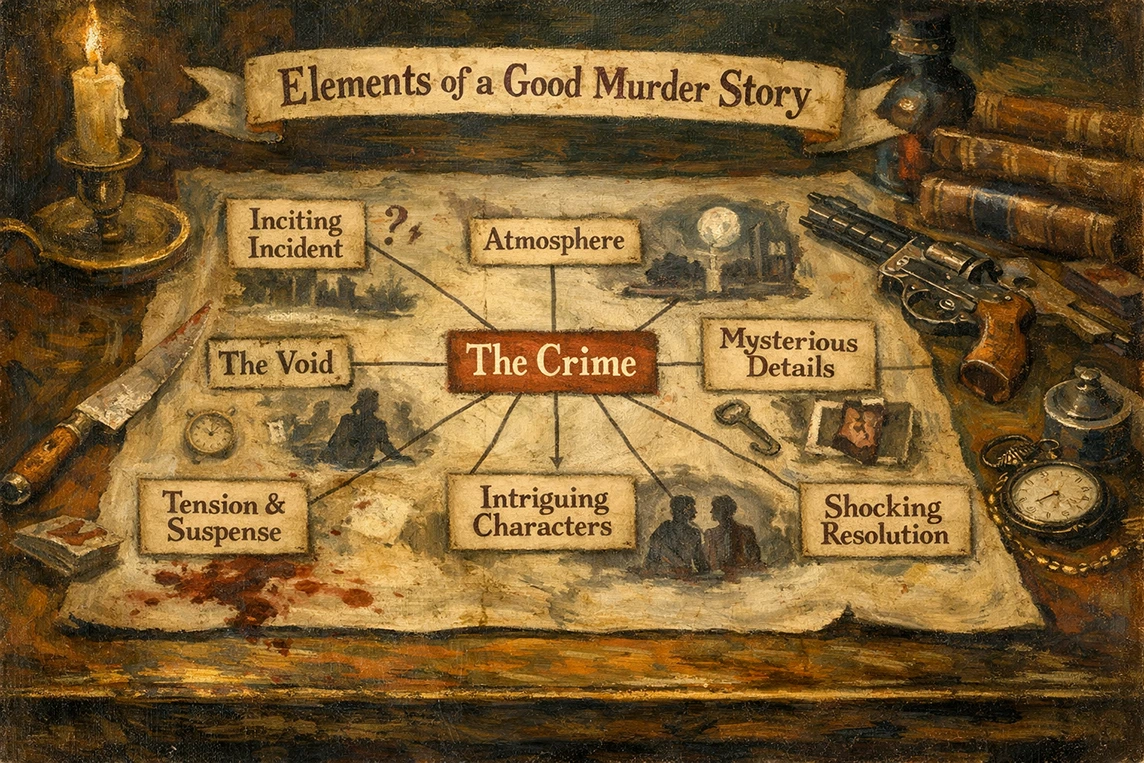 Schematic map showing the elements of a good murder story connected by straight lines on a Victorian table