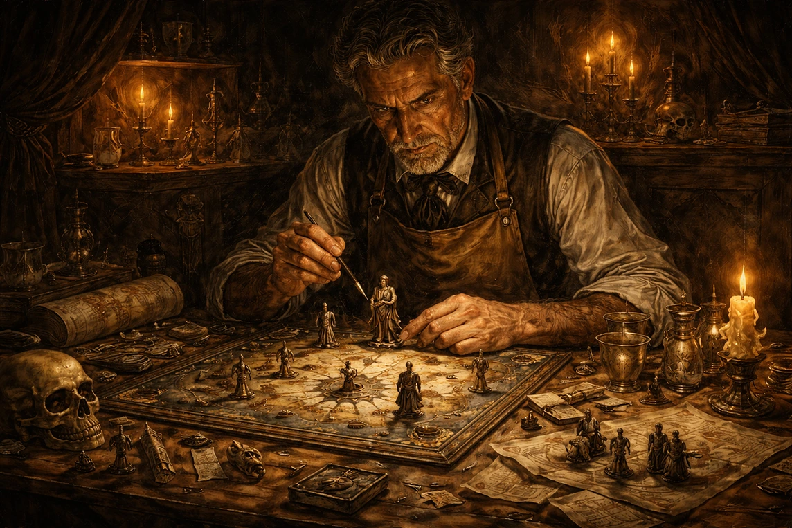 Sinister Victorian artisan crafting narrative board game pieces in a dark workshop
