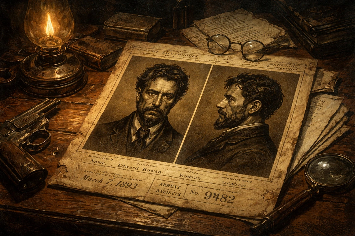 Oil painting of a Victorian police record featuring a late 19th century criminal mugshot on an old police desk.