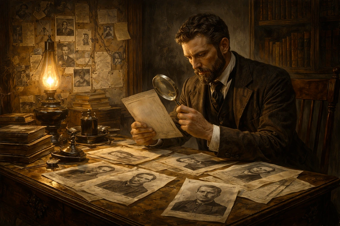Victorian police investigator examining nineteenth-century mugshots and police records with a magnifying glass