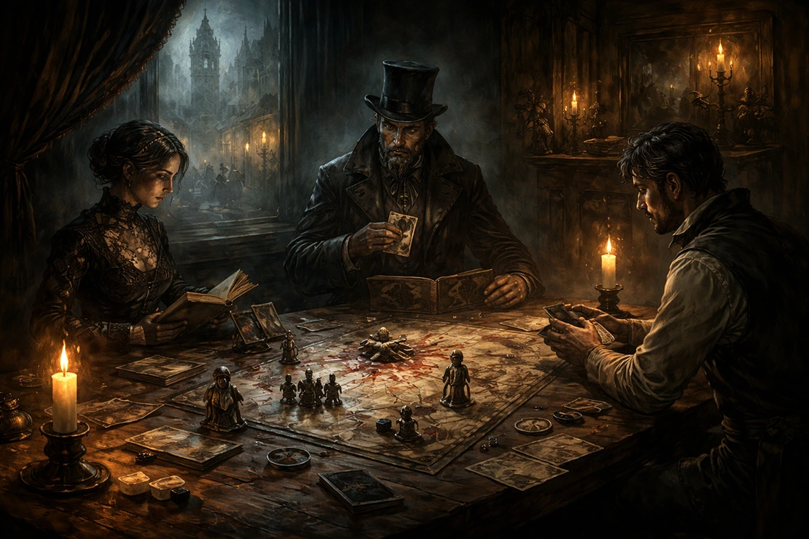 Sinister Victorian scene representing narrative board games Opus Mortis, with players facing moral decisions in a dark setting