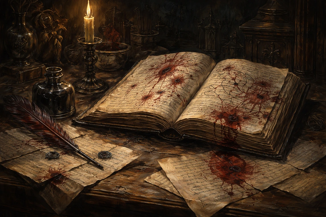 Narrative in a board game depicted through a sinister Victorian book with notes, diagrams, and dried red stains