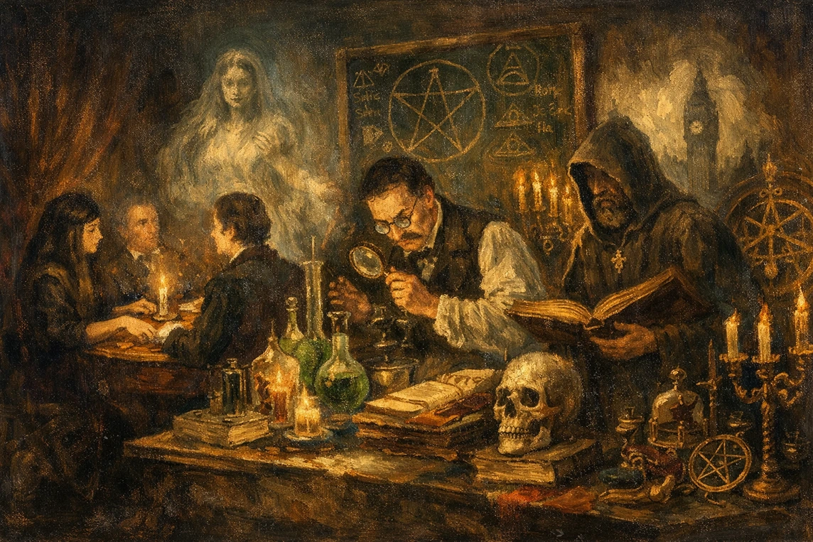 Sinister Victorian scene representing Victorian occultism Opus Mortis, featuring mediums, early scientists, and esoteric symbols at the end of the 19th century