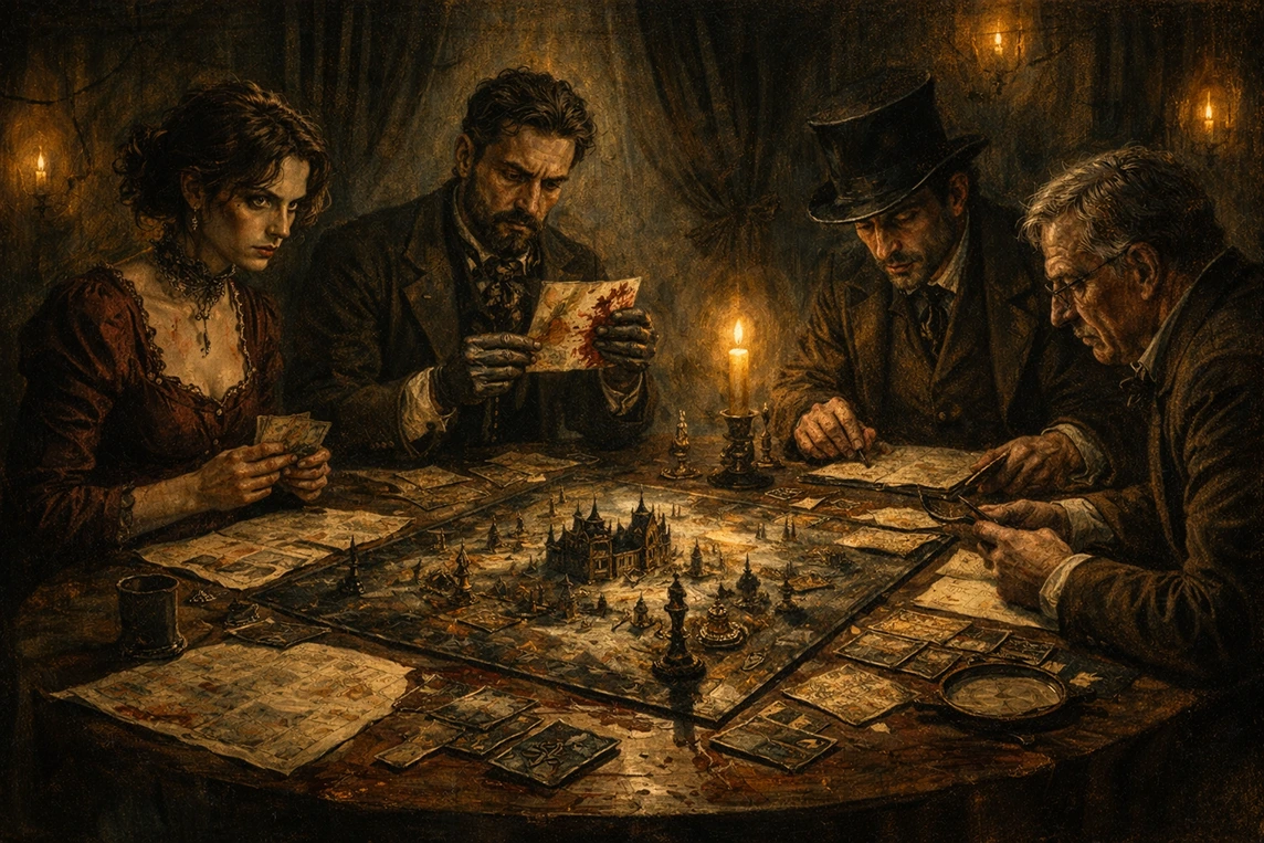 Opus Mortis board game with Victorian players gathered around a table in a sinister psychological horror setting