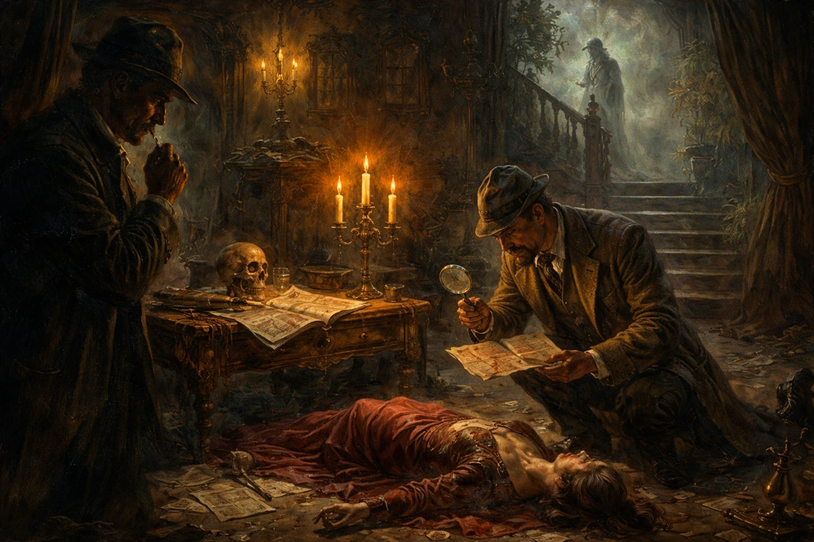 Sinister Victorian scene representing false clues in mystery games through deceptive investigation