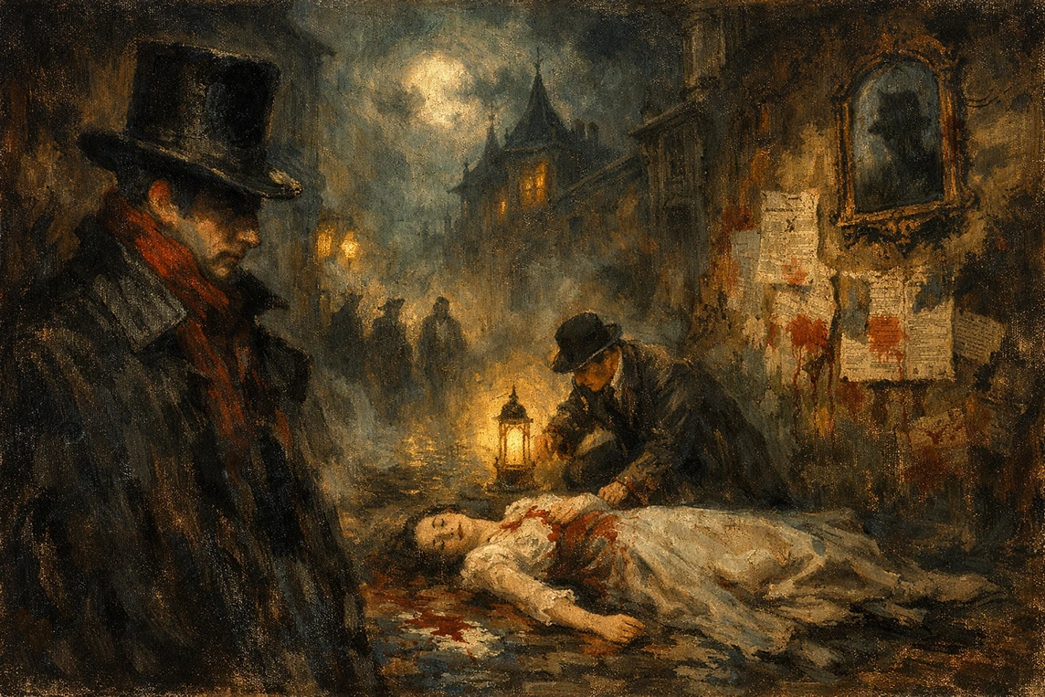 Pourquoi sommes-nous attirés par le mal représenté dans une scène victorienne sinistre avec un tueur et un enquêteur examinant un crime